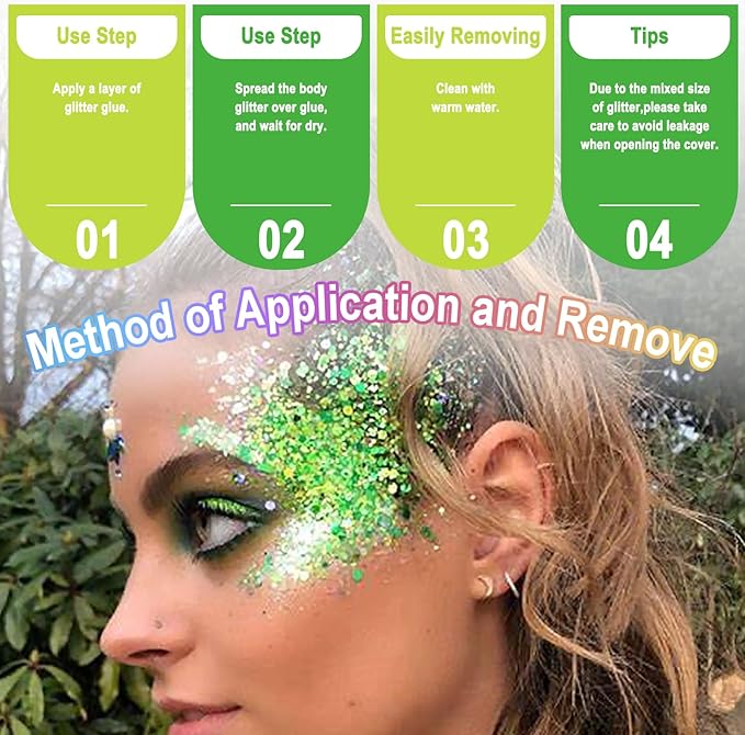 Laza 2 Jars St. Patrick’s Day Body Glitter Iridescent Chunky Sequins with Glitter Glue Women Eyeshadow Makeup Face Paint Festival Rave Outfits Hair Accessories Carnival Brat Party Costumes-Lime Summer