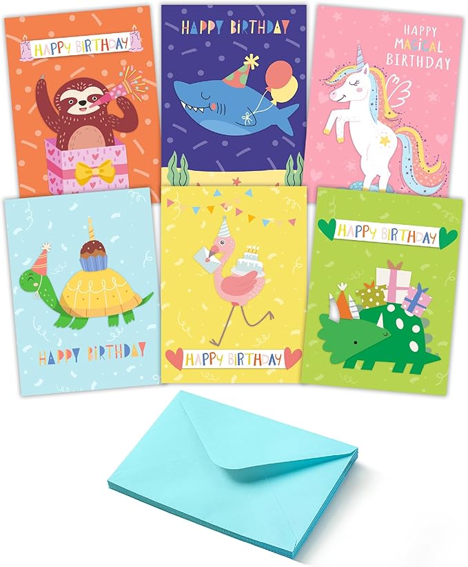 Mr. Pen- Happy Birthday Cards for Kids, 3.75" x 5.2", 48 Pack with Envelopes, 6 Colorful Animal Designs, Kids Birthday Card