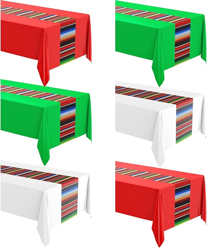 Oudain 6 Pcs Fiesta Tablecloth 108 x 54 Inch Plastic Tablecover Waterproof Mexican Tablecloth Mexican Striped Table Cover for Taco Night Festive Fiesta Wedding (Green,White,Red)
