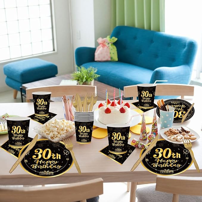 144PCS 30th Birthday Plates and Napkins Birthday Party Supplies 30th Birthday Party Decorations for Men Women Disposable Party Tableware Including Paper Plates Napkins Cups Forks Serve 24