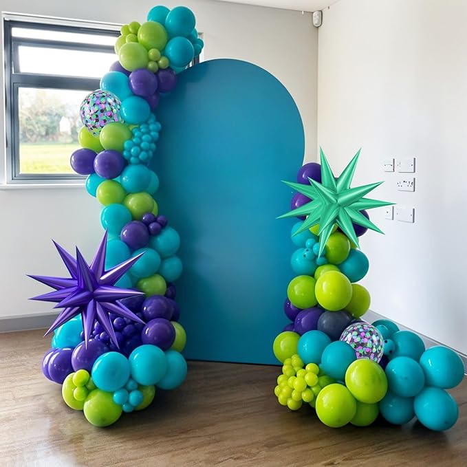 Green Purple Teal Balloon Arch Kit, Fruit Green Purple Teal Blue Confetti Birthday Balloons with Star Foil Balloons for Boy Girl Birthday Party Decorations Baby Shower Graduation Backdrop