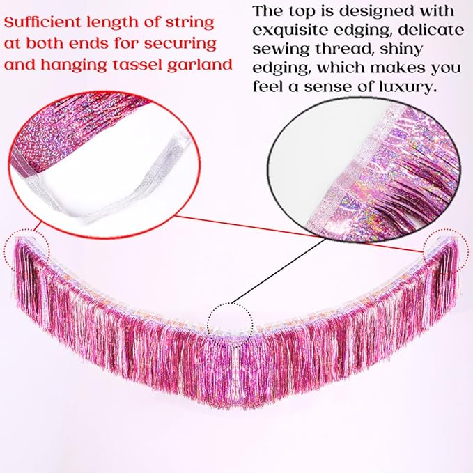 Premium Glitter Pink Fringe Tinsel Garland for Party Decorations -4 Layers Thick, 2 Pack | LILF Foil Metallic Banner Party Streamers for Wedding Birthday Christmas Decoration Home Hanging