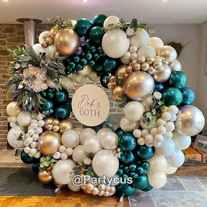 Emerald Green Gold Balloon Arch Kit, Double Stuffed Dark Forest Green Pearl White Sand Ivory Balloon Garland for Birthday Wedding Anniversary New Year Valentines Party Decoration