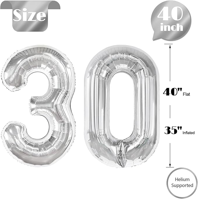 30 Balloon Number, Silver Number 30th Birthday Balloons 40 Inch, 30 Years Old Silver Birthday Decorations for Men Women, 30th Anniversary Decorations