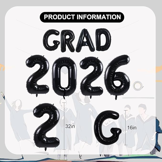 TONIFUL Graduation Balloons 16 Inch Black Grad Balloons 16 Inch Black Large Number 2026 Foil Balloons for 2026 Graduation Party Graduate Congratulations 2026 Congrats Grad Decorations