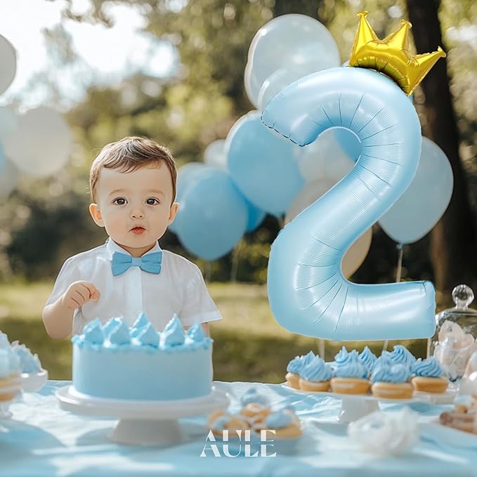 AULE 40 Inch Big Light Blue 2 Balloon Number with Crown Large Foil Helium Number Balloons 0-9 Jumbo Giant Happy 2nd Birthday Party Decorations Huge Mylar Anniversary Party Supplies