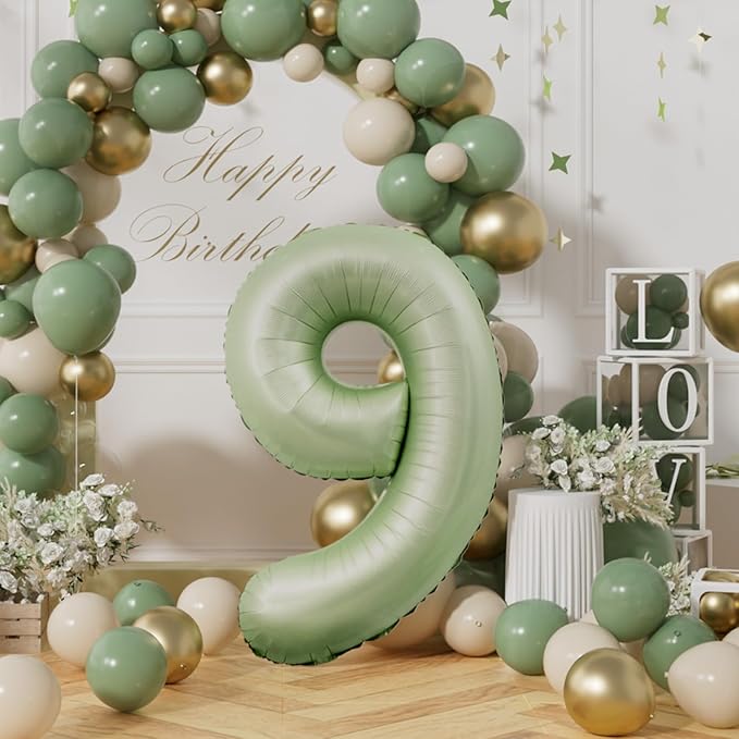 AULE 40 Inch Large 9 Balloon Numbers Sage Green, Big Foil Number Balloons, Giant Helium Happy Birthday Party Decorations for Man and Women, Huge Mylar Anniversary Party Supplies