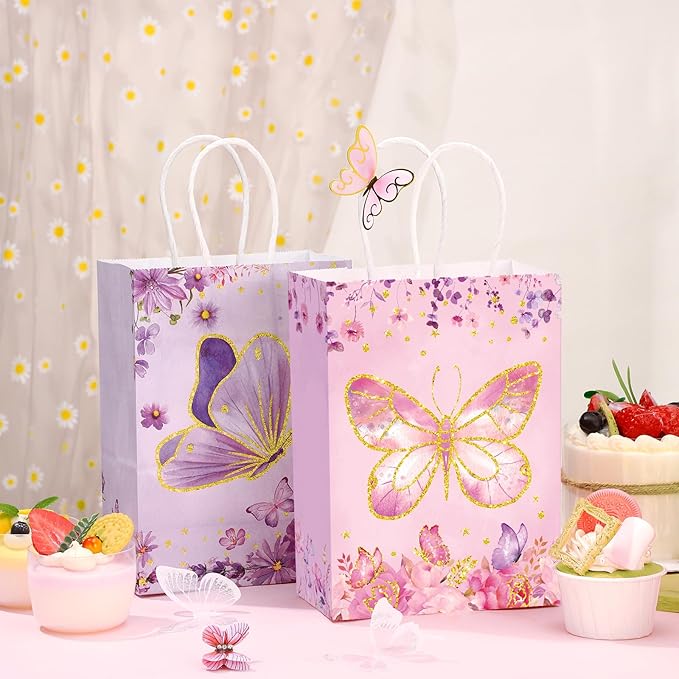 Outus 24 Pcs Spring Butterfly Party Favors Bags Butterfly Goodie Gift Paper Bags with Handles Purple Blue Pink Thank You Candy Treat Pouch for Wedding Baby Shower Birthday Party Decoration Supplies
