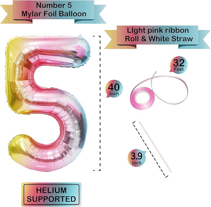 Rainbow Number Balloons Birthday Balloons - Giant Number 5 Balloon 40 inch, Numbers Balloon Birthday Decorations, Rainbow Party Supplies for Baby Shower