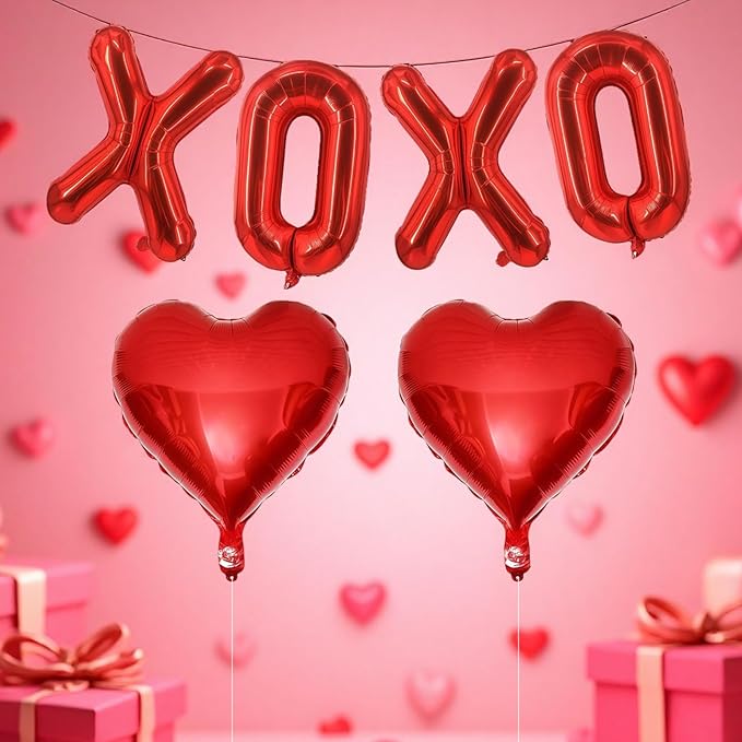 Valentines Day Balloons Decorations Red 6 Pcs 16 Inch - "XOXO" Letter + 2 Heart Balloons with Tape Straws Ribbonfor Romantic Wedding Indoor Valentines Day Decor Party Supplies
