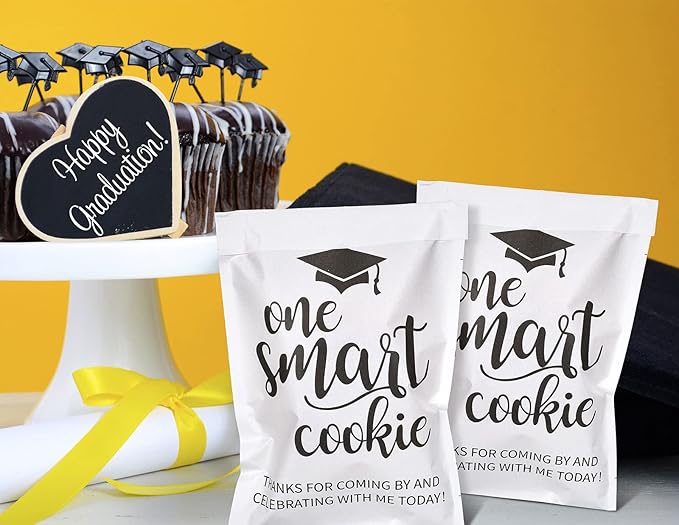 Whaline 100 Pack Graduation Candy Cookie Gift Bags One Smart Cookie Self-Adhesive Buffet Treat Bag Congrats Grad White Kraft Paper Treat Gift Bags for Graduation Party Decoration Supplies