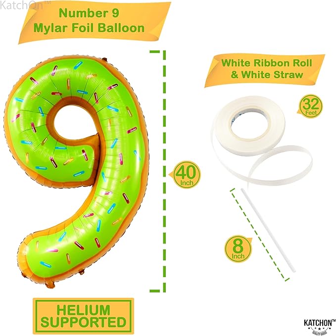 KatchOn, Huge Number 9 Donut Balloon - 40 Inch | Foil 9 Birthday Balloon for 9th Birthday Decorations | 9th Anniversary Decoration | Donut Birthday Party Decorations