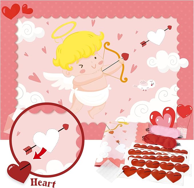 Pin The Heart On The Cupid Arrow Game Large Poster with 24 Pcs Stickers Fun Classroom Activity Party Decorations Wall Decor for Kids Birthday Baby Shower Couples Valentine’s Day