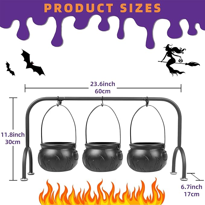 Easter Decorations Indoor,Set of 3 Witches Cauldron Candy Serving Bowls on Rack, Party Decorations,Black Plastic Candy Cauldron for Table Decor,Easter Candy for Kids