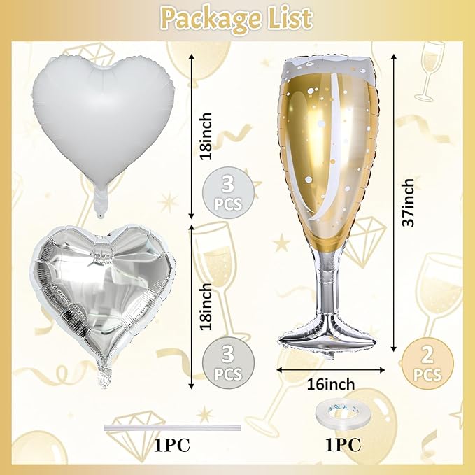Champagne Balloons, Engagement Party Balloons with Champagne Bottle Glass Foil Mylar Balloon Silver White Heart Shaped Balloon for Wedding Anniversary Bachelorette Birthday Bridal Shower Decorations