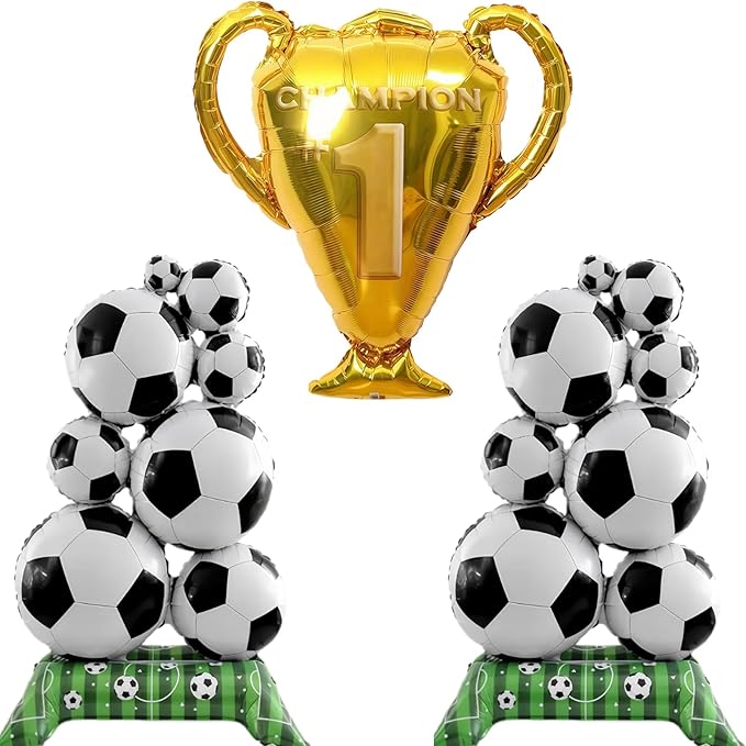 Soccer Balloons 3-Pack - Giant Self Soccer Ball Balloons with Trophy | Soccer Party Decorations for Sports Themed Birthday, World Cup Party Supplies for Boys Men