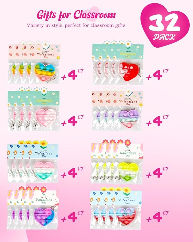 32 Pack Valentine's Day Heart-Shaped Pop Fidget Toys for Kids, Classroom Bulk Gifts with Keychains & Cards, Perfect for School Party & Class Exchanges