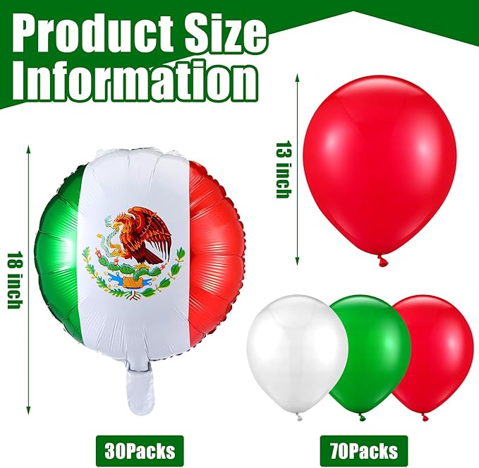 Hungdao 100 Pcs Mexican Independence Day Party Balloons 70 Pcs Red Green White Latex Balloons 30 Pcs Mexico Flag Foil Balloons for Viva Mexico Dia De La Independencia Fiesta Birthday Party Supplies