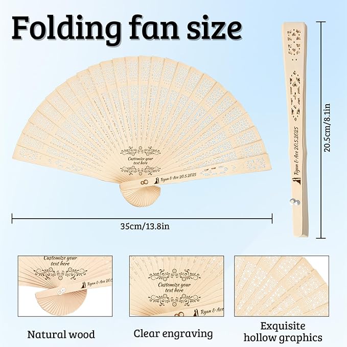 10Pcs Personalized wedding fans for guests, Custom Summer Wedding Fans, Unique Bridal Shower Party Favors, Handcrafted Wooden Fans for Guests (Full flush wooden fan)