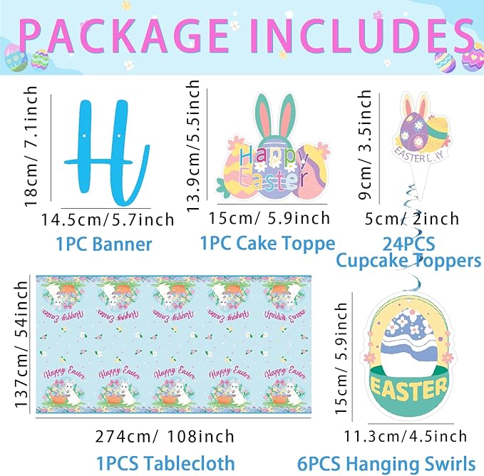 Easter Party Decorations 33PCS Kit – Bunny & Egg Banner, Cake & Cupcake Toppers, Hanging Swirls & Tablecloth for Family Spring Party