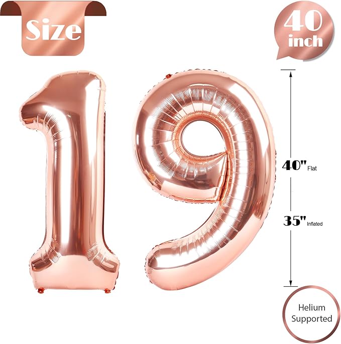 Rose Gold Number 19 Balloon 40 inch, 19 Number Balloons, 19th Birthday Decorations, 19 Year Old Women Men Rose Gold Party Supplies