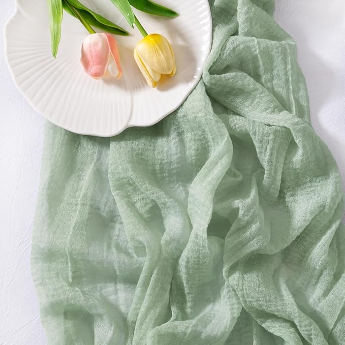 Socomi 6pcs Sage Green Cheesecloth Table Runner Gauze Valentine's Day 120 Inch Rustic Boho Cheese Cloth Runner for Wedding Party Baby Bridal Shower Centerpiece Decoration Holiday Home Decorations