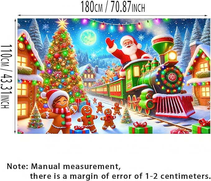 Santa Claus Train Backdrop 71x43 Inches Gingerbread Christmas Scene Banner Holiday Party Photo Background Indoor Outdoor Merry Christmas Wall Decoration for Photography