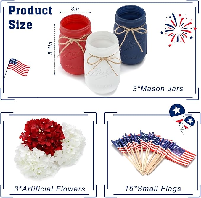 Patriotic Table Decorations, Memorial Day Decor, 250 Anniversary USA Patriotic Mason Jars with Mini American Flags, 4th of July Decorations, Red White and Blue Decor, Patriotic Themed Party Decoration