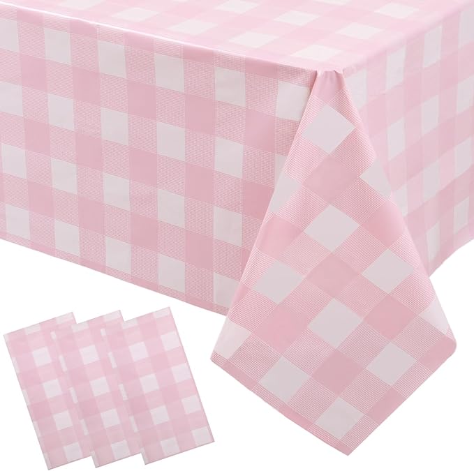 3 Packs Pink Checkered Tablecloth 54 x 108 Inch Disposable Picnic Table Cloths Waterproof Rectangular Plaid Tablecloth for Birthday Carnivals Parties