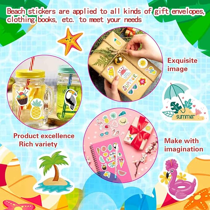 24 Sheets Summer Stickers Pool Beach Luau Hawaii Sun Stickers Hello Summer Ocean Beach Stickers, Watermelon Beer Ice Cream Pineapple Sticker, Summer Theme Family School Classroom Party Favor
