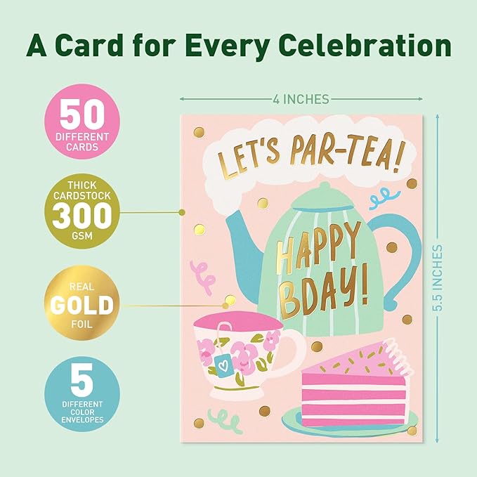 Sweetzer & Orange Happy Birthday Cards with Envelopes and Assortment Box – Variety Set of 50 Assorted Birthday Notes. Perfect Bulk Pack for Celebrations, Office, Friends & Special Occasions-4x5.5