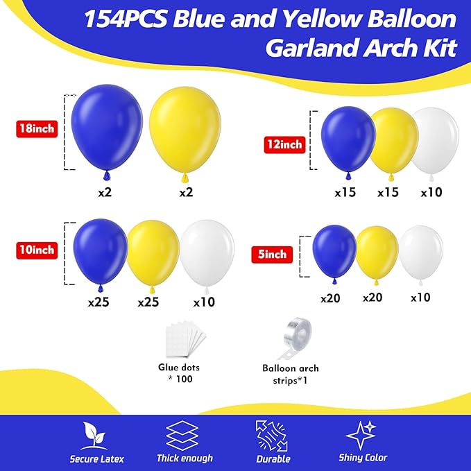 153Pcs Royal Blue and Yellow Balloon Garland Arch Kit - White Royal Blue and Yellow Balloon Arch Kit Different Size Balloons for Anniversary Graduation Baby Shower Birthday Party Decorations