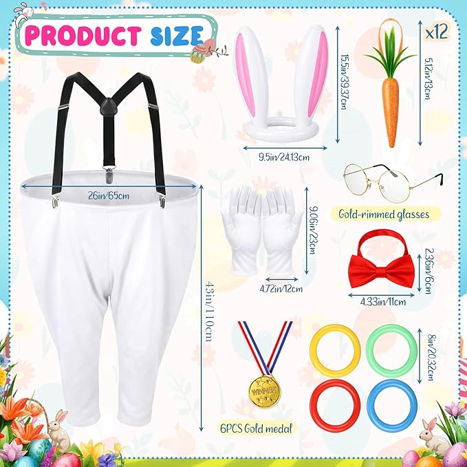 Vinsot 16 Pcs Easter Granny Pants Yard Game Set Oversized Granny Pants with Colorful Easter Eggs, Bowtie, Bunny Ears and Tail, Outdoor Tossing Game Bunny Suit for Spring