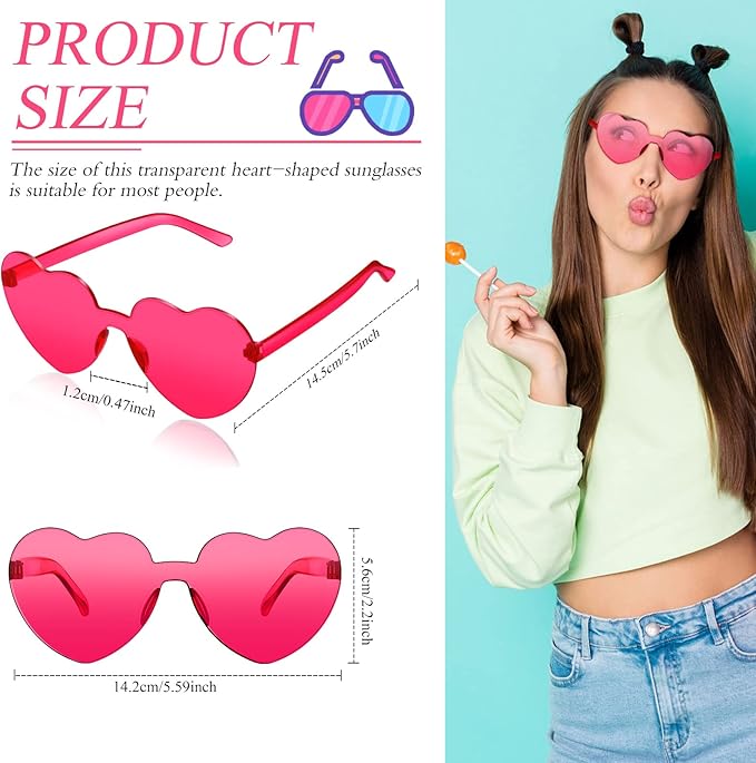 TOODOO 10 Pairs Heart Shaped Sunglasses Rainbow Sunglasses Candy Color Rimless Glasses for Women Girl Party Favor