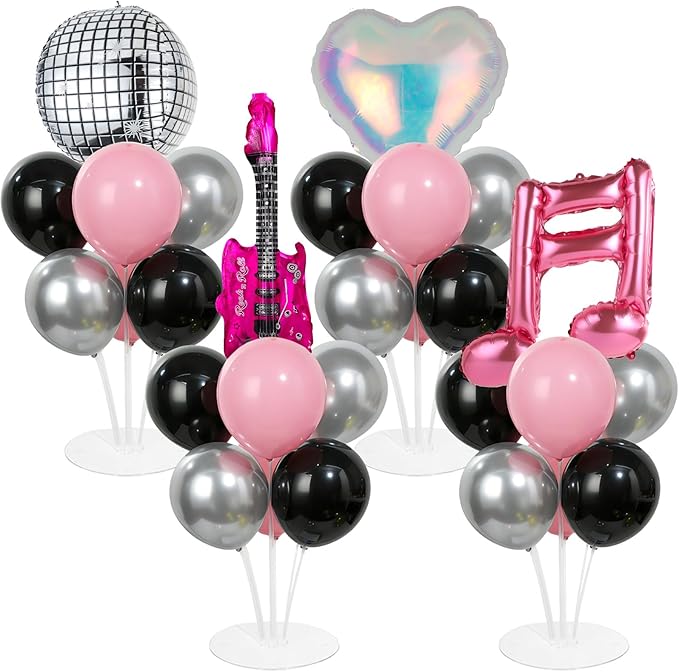 4 Sets Music Party Balloons Stand Kit with Music Note Guitar Disco Ball Colorful Heart Foil Balloons Concert Party Balloon Centerpiece for Tables for Indoor Outdoor Birthday Kpop Decorations