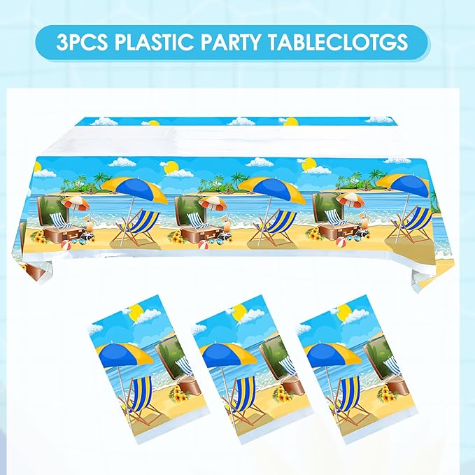 3Pcs Beach Tablecloth for Hawaiian Decorations Plastic Tablecloth Pool Surfboard Party Table Covers for Rectangle Tables Summer Birthday Party Supplies