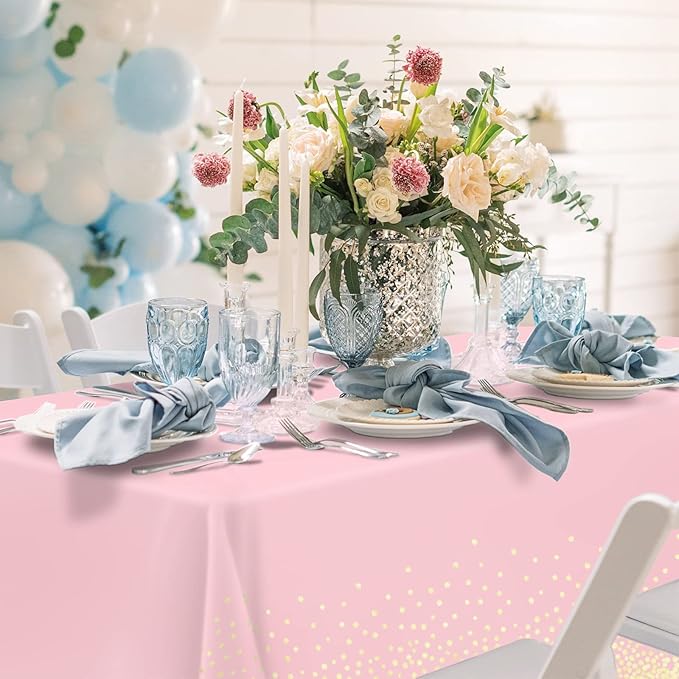 Mulbozy 2 Pcs Pink Tablecloth 54"×108" Gold Dot Pink Table Cloth, Pink Disposable Plastic Tablecover for Birthday, Baby Shower, Picnic, Camping, Event & Parties…