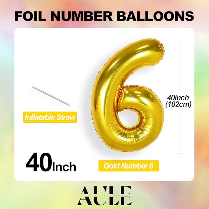 AULE 40 Inch Big Gold 6 Balloon Number Large Foil Helium Number Balloons 0-9 Jumbo Giant Happy 6th Birthday Party Decorations for Boy or Girl Huge Mylar Anniversary Party Supplies