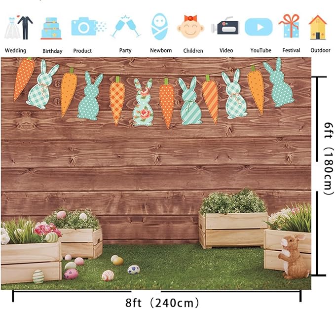 Happy Easter Backdrop Spring Rabbit Carrot Green Grass Eggs Baby Shower Backdrop Brown Wooden Wall Easter Party Decoration (8x6ft)