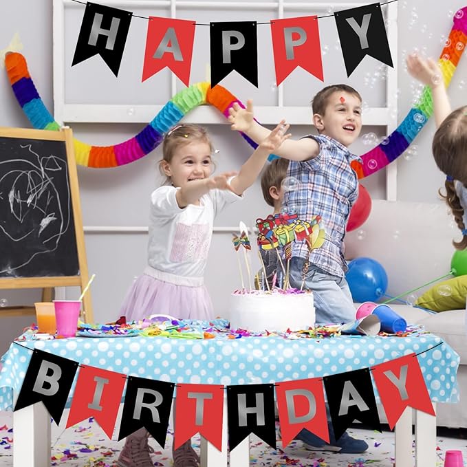Hooqict Happy Birthday Banner Red Silver Black Happy Birthday Decorations for Kids Men Women Black Party Banner Decorations Supplies Wall Door Garland Sign Bunting Flag