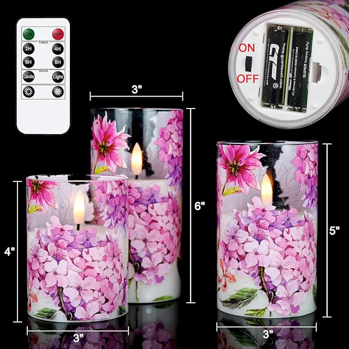 Glass Flameless Candles with Remote Timer, Pink Hydrangeas Decals Battery Led Pillar Candles Flickering Real Wax Pack of 3 for Mother's Day Gift, Wedding Dinner Home Decor, Φ 3" H 4" 5" 6"