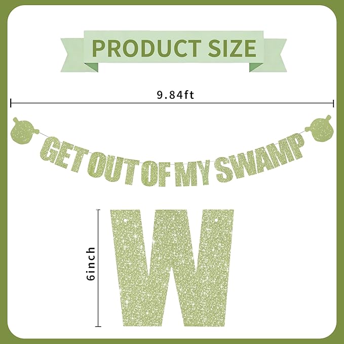 Light Green Glitter Get Out Of My Swamp Banner,NO DIY, Pre-Strung Birthday Party Banner Funny Housewarming Party Decorations Green Birthday Party Supplies