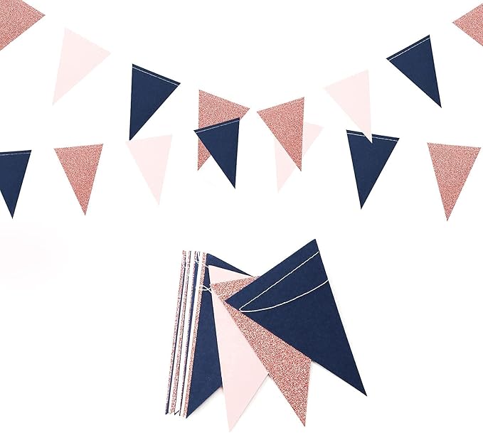 Navy-Blue Pink Rose-Gold Gender-Reveal Banner - 2 Pack Glitter Sprinkles Party Decorations Paper Pennant Triangle Flags, Bachelorette Engagement Wedding Birthday Baby Shower Bunting Lasting Surprise