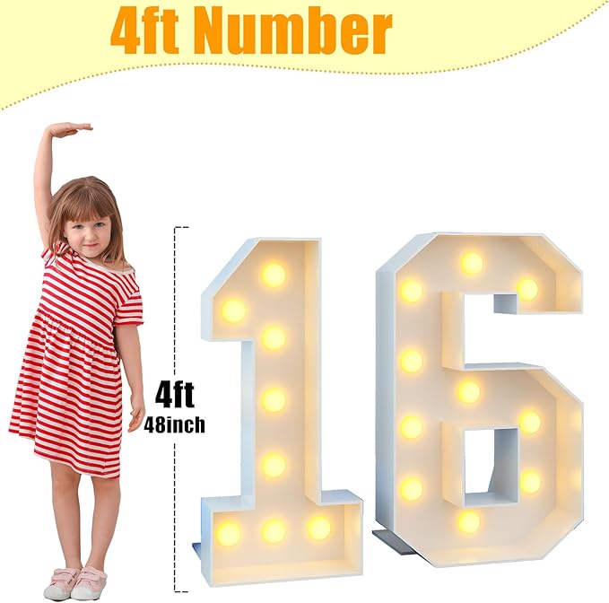 4ft Light Up Numbers Marquee 16 Numbers with Lights White Slots-in Frame for Men Women 16th Birthday Party Decorations Pre-Cut Mosaic Cardboard Large Cut-Out Thick Foam Board Sign Anniversary