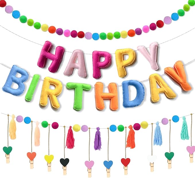 Pre-Strung Happy Birthday Banner, Felt Happy Birthday Garland, Pompom Ball Garland, Colorful Thread Tassel Banner with Photo Clips, Reusable Party Decorations for Party Decor, Photo Prop