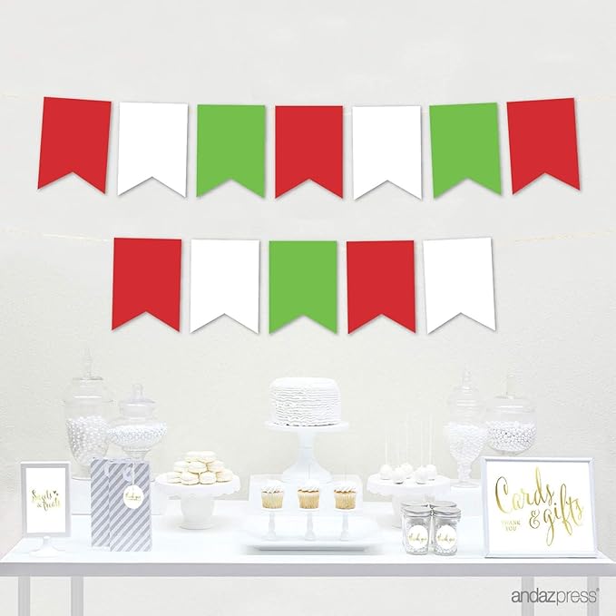 Andaz Press Hanging Pennant Banner with String, Red, White, Kiwi Green, 1-Set, 24 Pennants, Approx. 12-Feet Long, Christmas Theme Colored Supplies