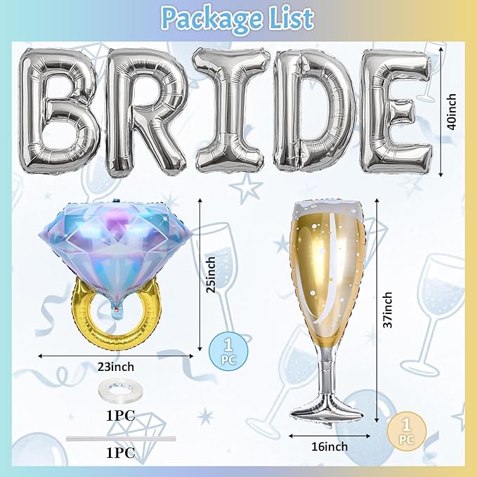 40inch Silver Bride Balloons Bachelorette, Bride To Be Bridal Shower Balloon Diamond Ring Champagne Glass Foil Balloon for Bachelorette Bridal Shower Engagement Wedding Hen Night Room Party Decoration