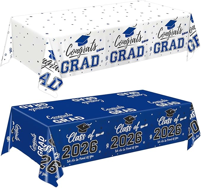 Oigco 2026 Graduation Decorations, 2 Pack Blue Graduation Tablecloths Class of 2026, Congrats Grad Plastic Rectangle Table Cloths for Graduation Party Decorations, 54 x 108 Inch