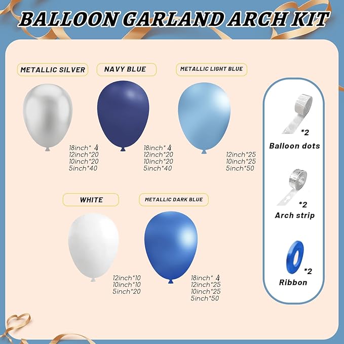 412Pcs Blue Balloon Arch Kit,5 10 12 18 inch Blue Balloon Garland with Metallic Dark Blue Silver Balloons for Baby Shower Graduation Birthday Wedding Party Decorations