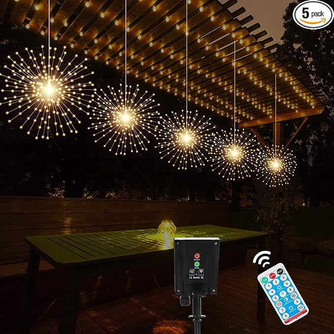 5 Pack Solar Starburst Sphere Lights, 200 LED Firework Light, 8 Modes Dimmable Waterproof Hanging Copper Wire Fairy Light for Patio Parties Halloween Christmas Decor (Warm White)